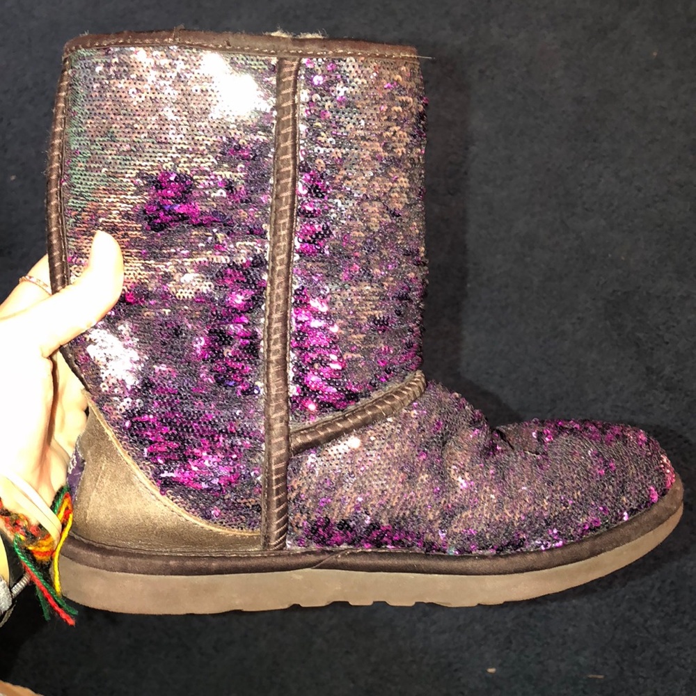 purple/pink and silver sparkle uggs